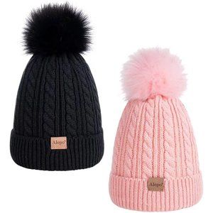 Kids Winter Beanie Children's Warm Fleece Lined Knit Thick Ski Cap with Pom